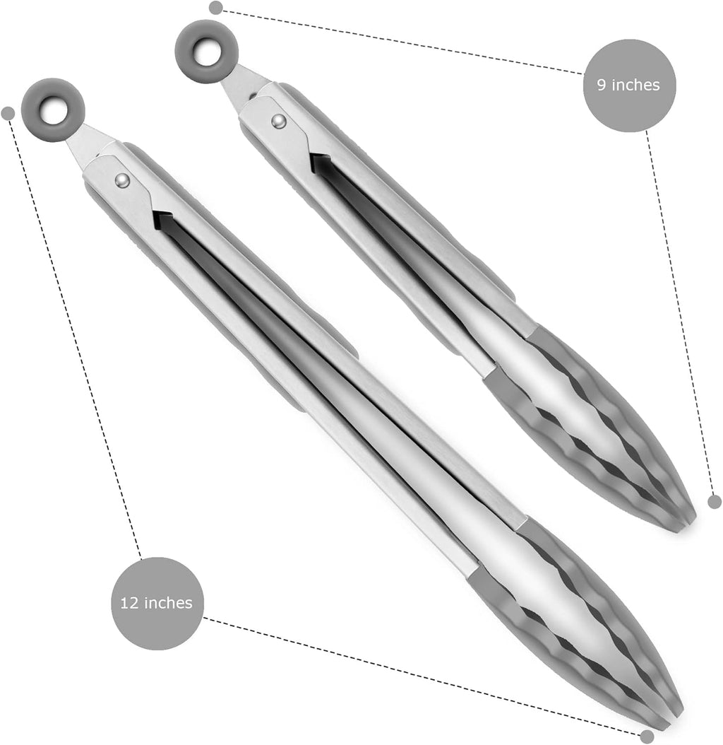 2 Pack Grey Kitchen Tongs, Premium Silicone BPA Free Non-Stick Stainless Steel BBQ Cooking Grilling Locking Food Tongs, 9-Inch & 12-Inch