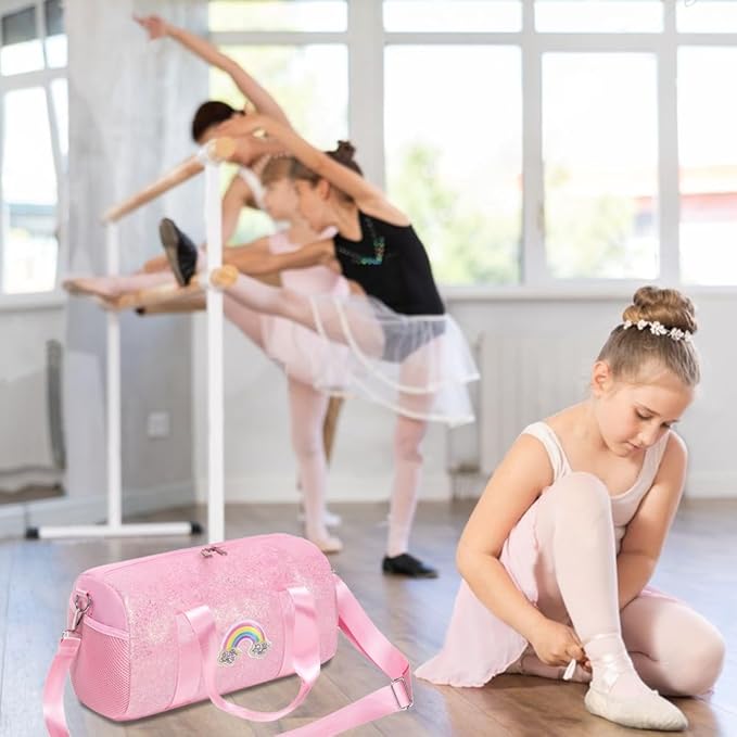 Dance Bag for Girls Ballet Bag Shiny Rainbow Glitter Sports Duffle Bag for Kids Girls Ballerina Duffle with Waterproof Dry Wet Separated Compartment