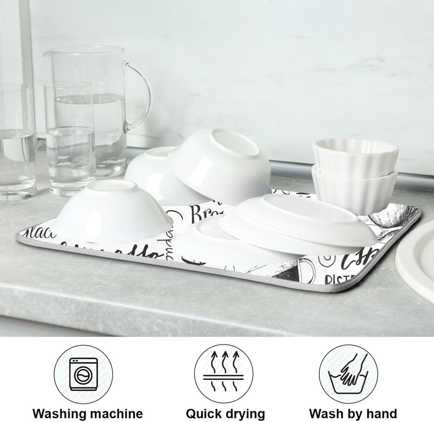 Coffee Cups Print Dish Drying Mat for Kitchen Counter Absorbent Microfiber Drying Pad, Medium 16x18 in, Reversible Drainer Mats