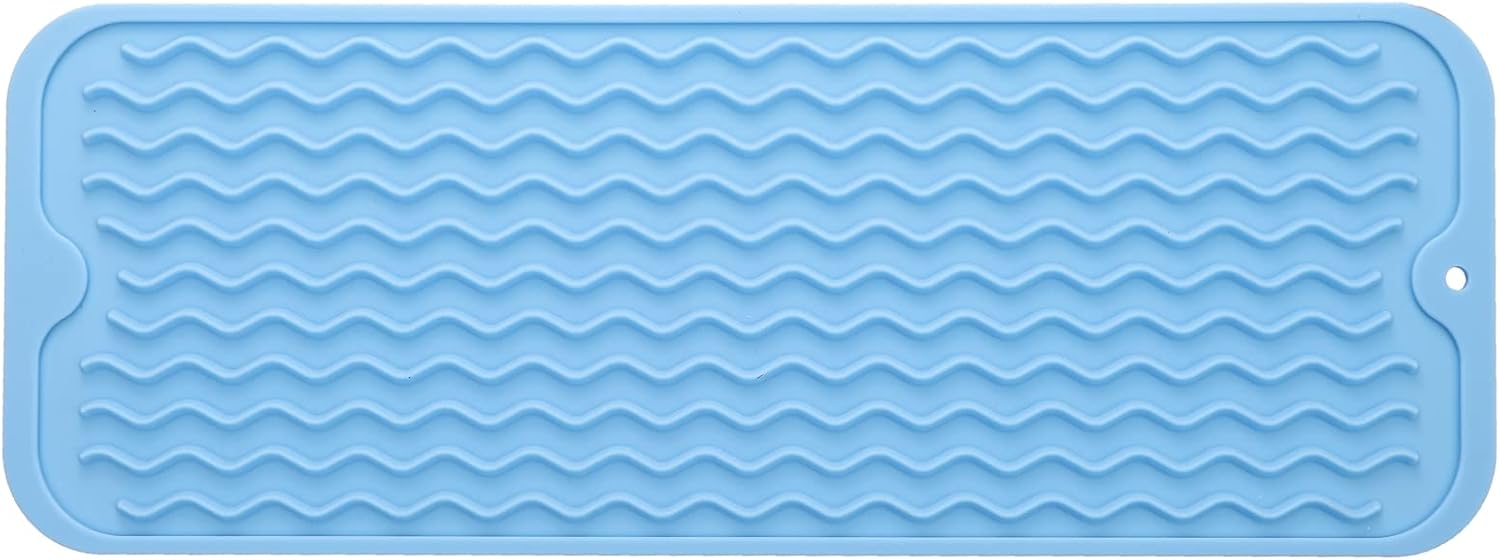 Silicone Dish Drying Mat for Multiple Usage,Easy clean,Eco-friendly,Heat-resistant Silicone Mat for Kitchen Counter,Sink,Bar,Bottle,or Cup Light Blue M 17 inches x 6 inches