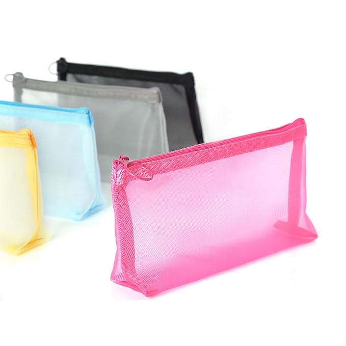 Patu Zipper Mesh Bags, Widened Long Case, 5 Pieces, Beauty Makeup Cosmetic Accessories Organizer, Travel Toiletry Kit Set Storage Pouch, Assorted Colors