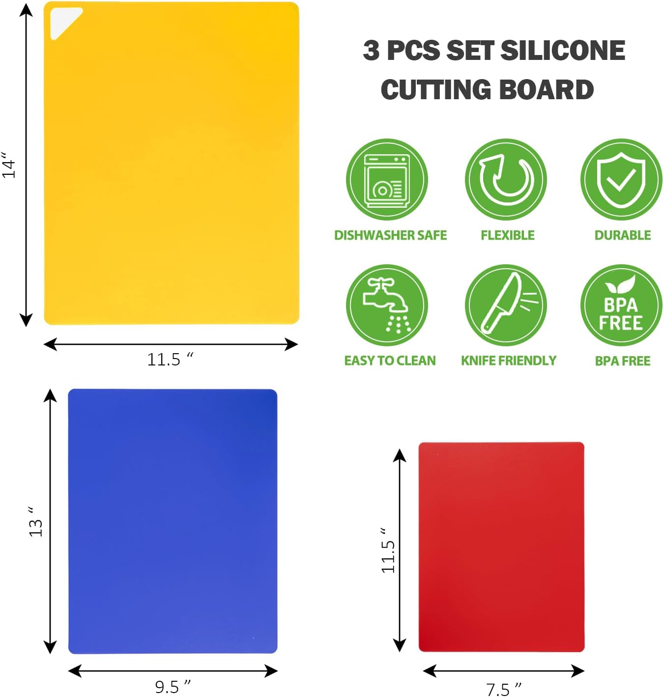 WK Flexible Plastic Cutting Boards for Kitchen Set of 3, Non slip Cutting Mats, Colorful Thin Cutting Sheets for Meat, BPA Free, Dishwasher Safe