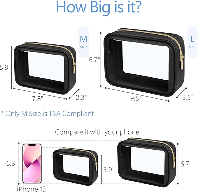 PACKISM TSA Approved Toiletry Bag - 2 Pack Upgrade Color-Edged Clear Makeup Bag, Clear Toiletry Bag For Traveling Fits Various Storage Needs, Black (2 Sizes)