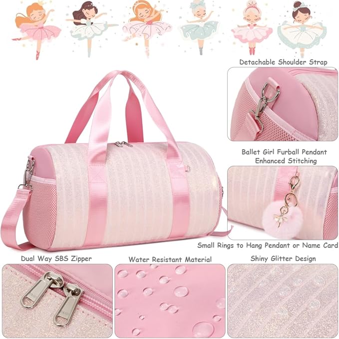 Dance Bag for Girls Dancers Ballet Bag Shiny Glitter Sports Gym Duffle for Little Girls Ballerina Duffel with Shoulder Strap and Furball Keychain