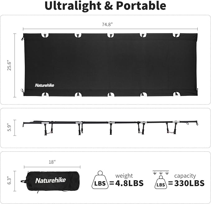 Naturehike Ultralight Camping Cot, Easy to Assemble Folding Tent Cot, Compact & Protable Camping Bed for Camping, Mountaineering, & Hiking, Supports 330lbs with Carry Bag, GreenWild Dark Black