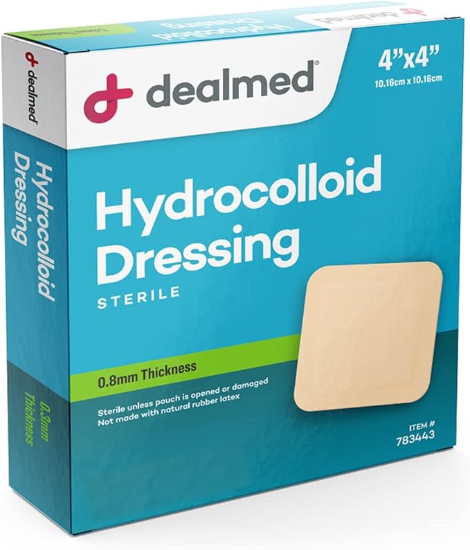 Dealmed Hydrocolloid Dressings–4” x 4” Standard Thickness Hydrocolloid Bandages, Wound Care Products for First Aid Kits, Box of 10 and Individually Packed