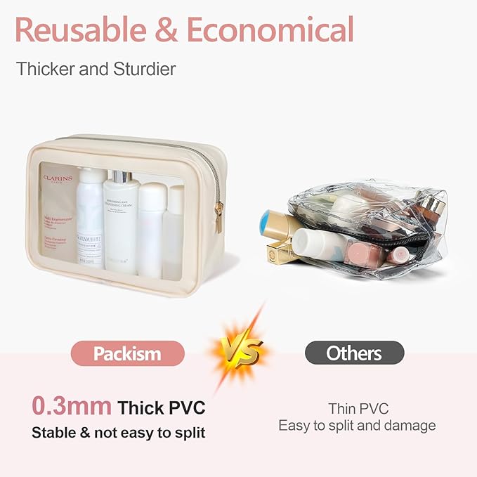 PACKISM TSA Approved Toiletry Bag - Upgrade Color-Edged Clear Makeup Bag, Unique Appearance, 2 Pack Clear Travel Bags Hold Lots of Items Also Great for Organizing Car Console, Beige (2 Sizes)
