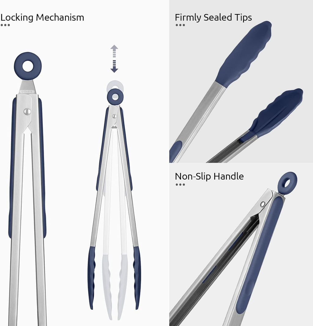Heat Resistant Silicone Kitchen Tong: U-Taste 12 inch Large 480ºF Hot Proof Cooking Tong with Sturdy Non Stick Rubber Tips & Silicon Coated Steel Handle & Smooth Locking for Serving (Midnight Blue)