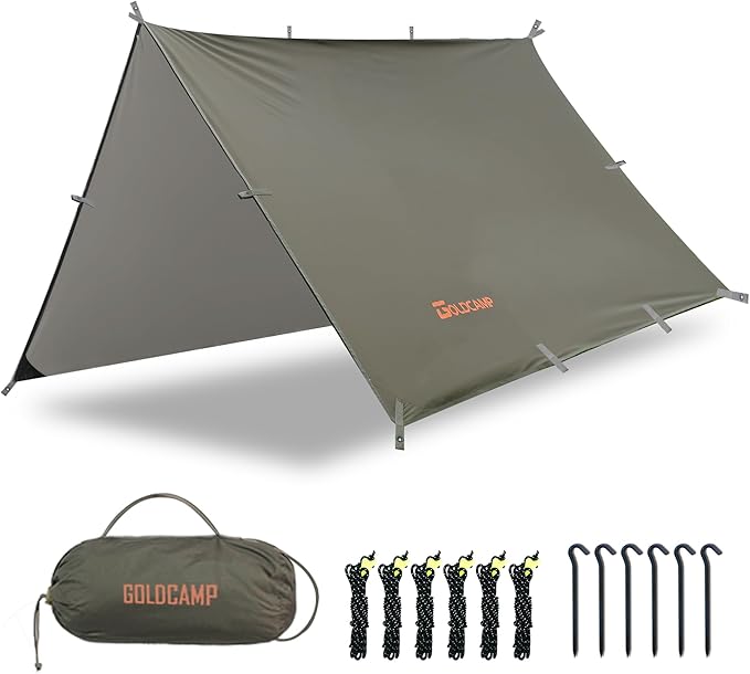 GOLDCAMP Waterproof Camping Tarp，70D Nylon 10X10FT Hammock Rain Fly ，UV 50+ and PU15000mm Tent Tarp Shelter Canopy，Heavy Duty Multifunctional Sun Shade or Rain Fly Essentials for Hiking Backpacking