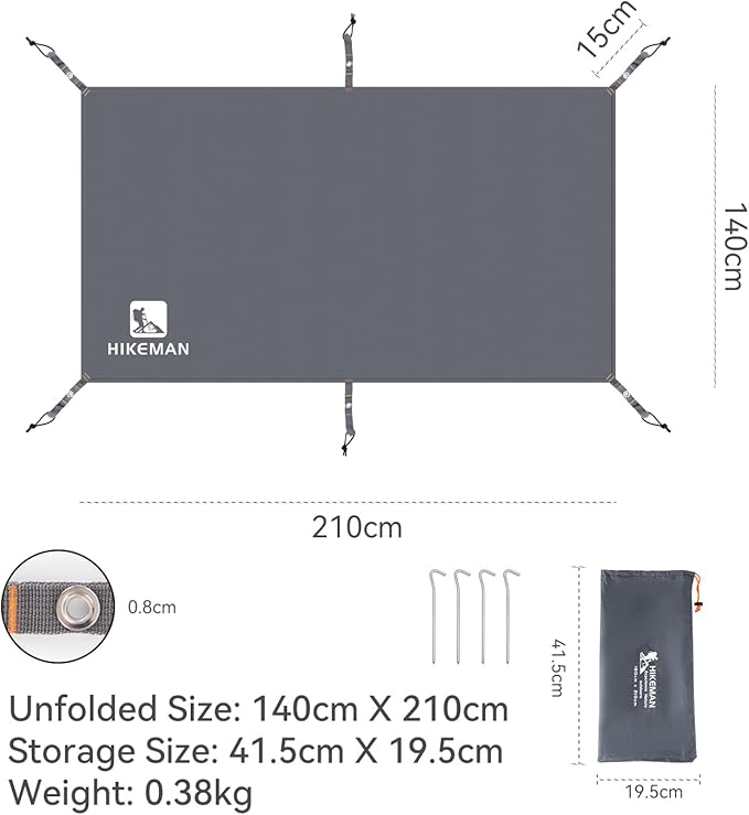 Hikeman Tent Footprint - Waterproof Camping Tarp, Heavy Duty Tent Floor Saver, Ultralight Ground Sheet Mat for Hiking, Backpacking, Hammock, Beach - Storage Bag Included(PU3000mm,140 * 210CM)