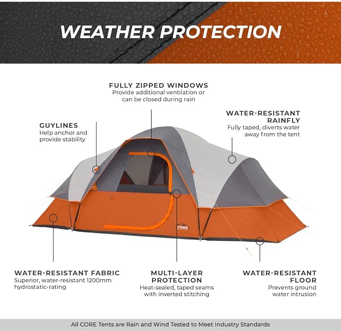 CORE Tent for Family Camping, Hiking and Backpacking | 3 Person / 4 Person / 6 Person / 9 Person Person Dome Camp Tents with Included Tent Gear Loft for Outdoor Accessories