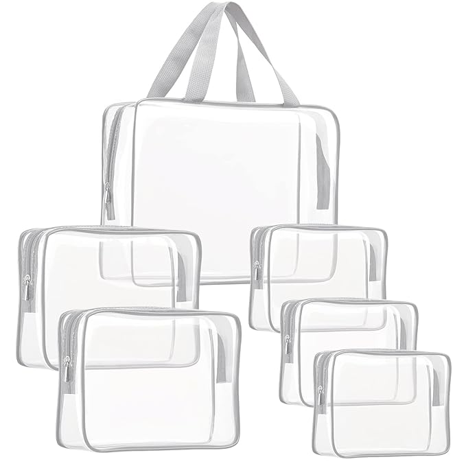 6Pcs Crystal Clear PVC Travel Toiletry Bag Kit for Women Men, Waterproof Vinyl Packing Organizer Storage Bags with Zipper Handle Straps, Cosmetic Pouch Carry on Airport Airline Compliant Bag Handbag