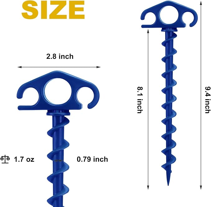 Tent Stakes Sand Stakes for Beach Tent 6 Pack Spiral Anchor Stakes 9.4 Inch Heavy Duty Screw Canopy Stakes for Camping, Hiking and More (6, Blue)