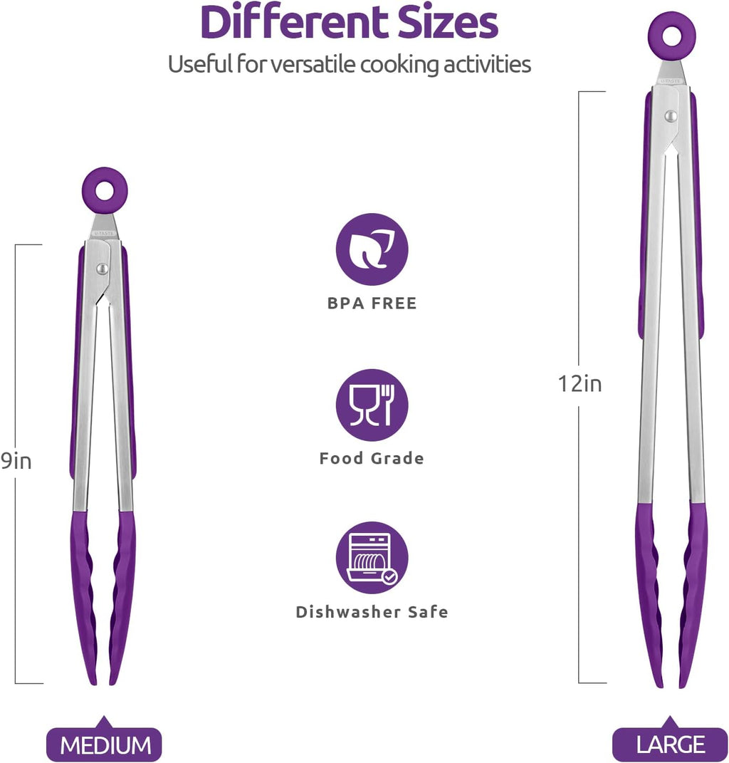600ºF Heat Resistant Kitchen Tongs: U-Taste 9+12 inch Silicone Cooking Tong Set with Firm Sealed Non Stick Rubber Tips and Silicon Coated 18/8 Stainless Steel Handle for Serving Grilling Salad(Purple)