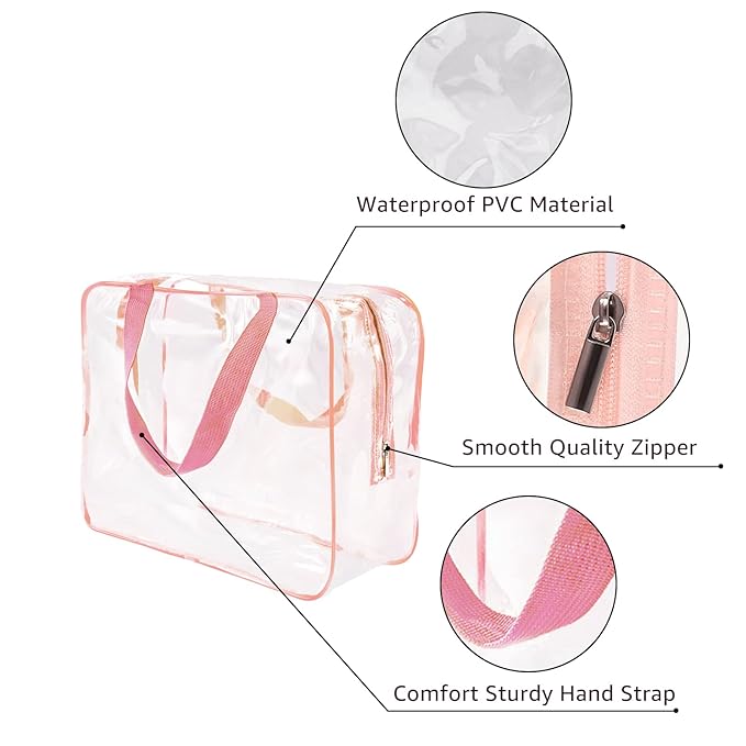 6Pcs Crystal Clear PVC Travel Toiletry Bag Kit for Women Men, Waterproof Vinyl Packing Organizer Storage Bags with Zipper Handle Straps, Cosmetic Pouch Carry on Airport Airline Compliant Bag Handbag