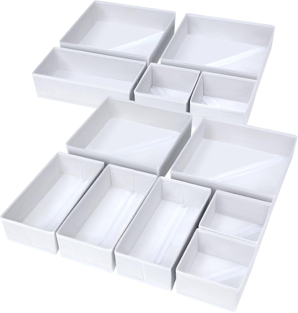 DIMJ Drawer Organizer Clothes, 12 Pack Fabric Closet Organizers and Storage, Foldable Baby Clothes Organizer & Dresser Bin For Nursery, Bedroom, Closet, Socks, Bra, Tie,White
