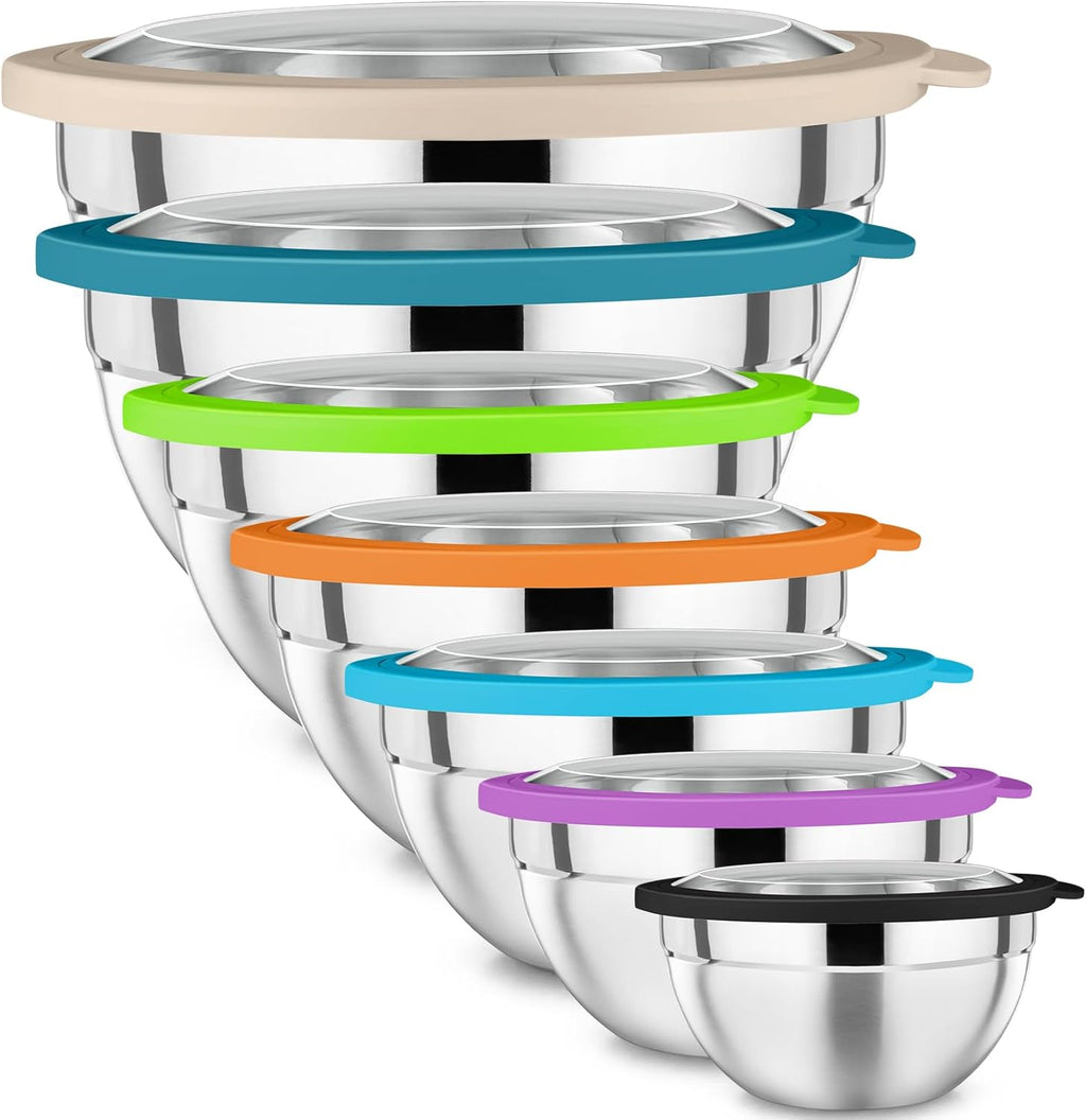 P&P CHEF Mixing Bowl with Lid Set of 7, Stainless Steel Nesting Salad Bowls for Cooking Serving Prepping, Clear Lids & Stackable Design, Size 4.6, 3.5, 3, 2, 1.5, 1, 0.7 Qt - Multicolor