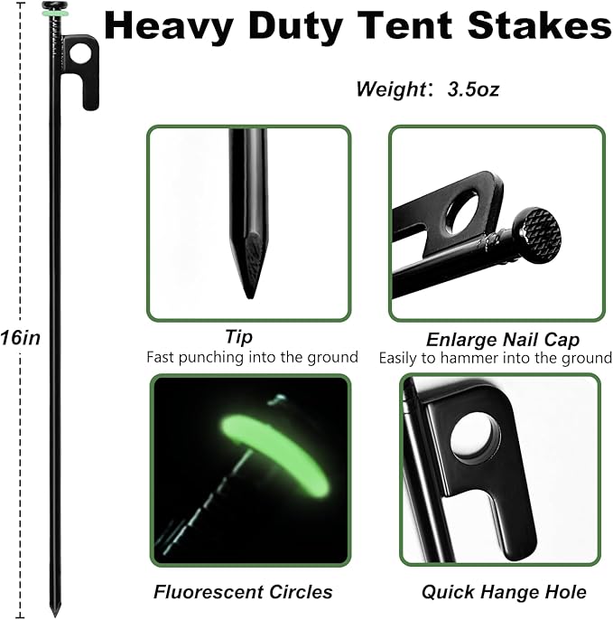 16Pcs Tent Stakes, 16in Heavy Duty Tent Stakes with Storage Pouch, Forged Steel Tent Sakes Metal, Metal Stakes for Tent Used on Grassland, Snowfield, Dessert(16Pcs, 16in, Diameter 1/4")