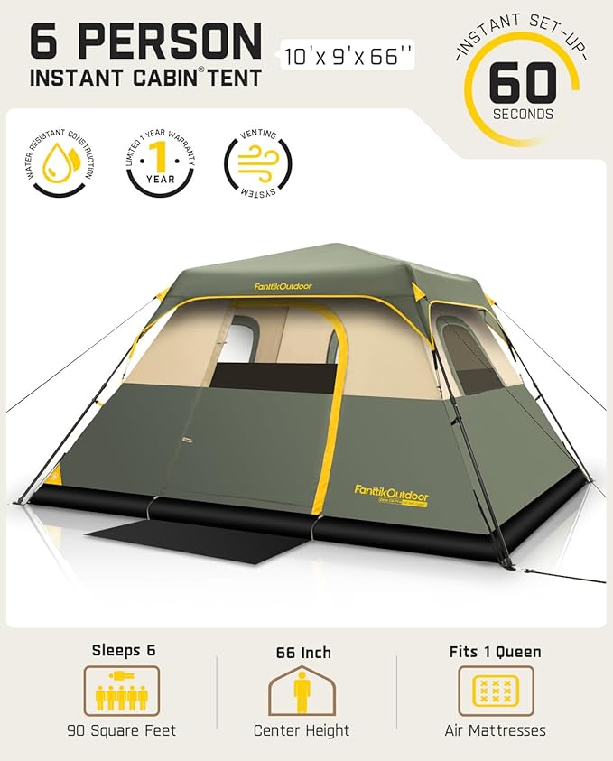 FanttikOutdoor Camping Tent 4/6/8/10 Person Instant Cabin Tent Setup in 60 Seconds with Rainfly & Windproof Portable with Carry Bag for Family Camping & Hiking, Upgraded Ventilation