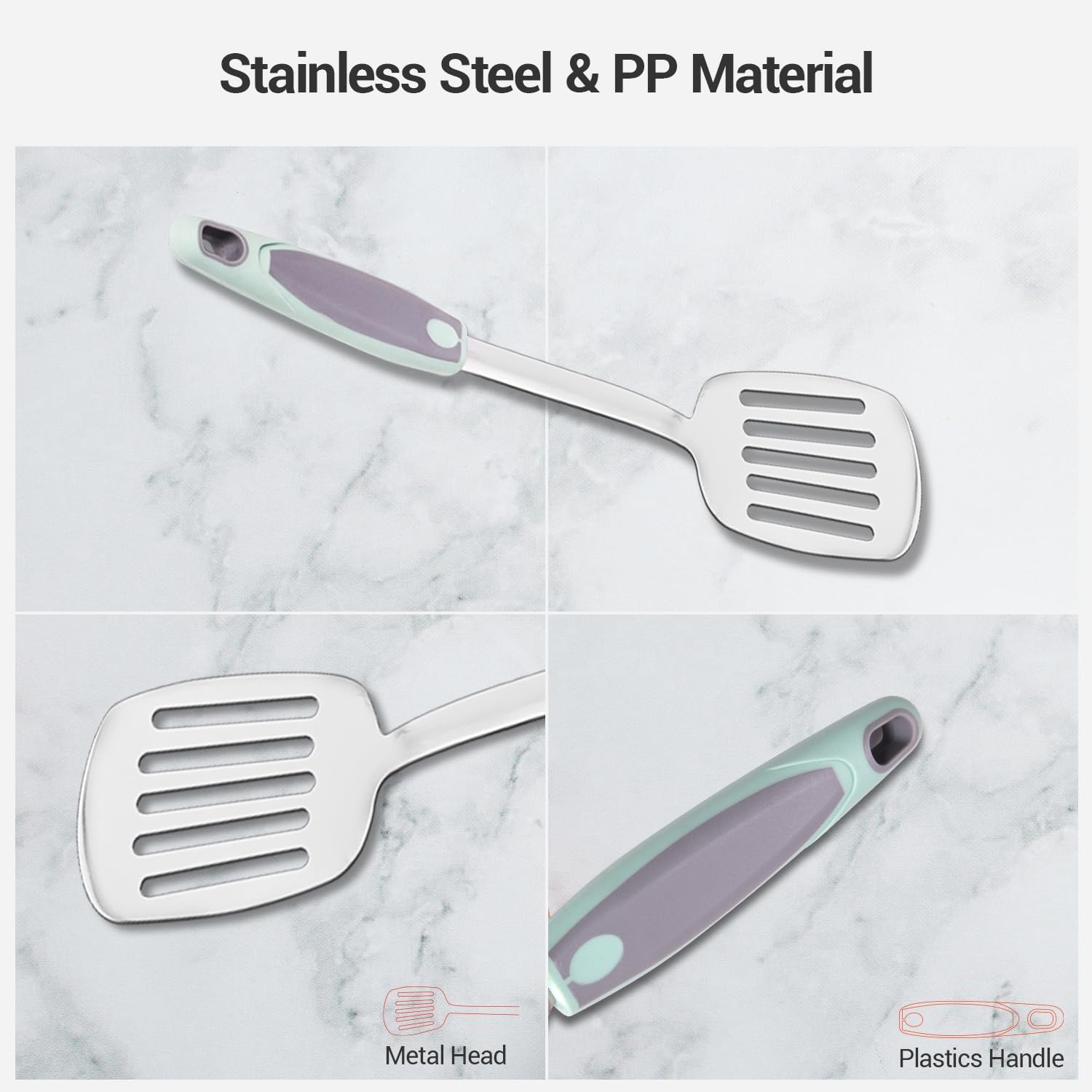 10PCS Cooking Utensils Set, Stainless Steel Utensils Set Non Slip Handle Heat Resistant Kitchen Cooking Tools Durable Metal Utensil Spatula, Spoon, Whisk, Ladle, Pasta Fork