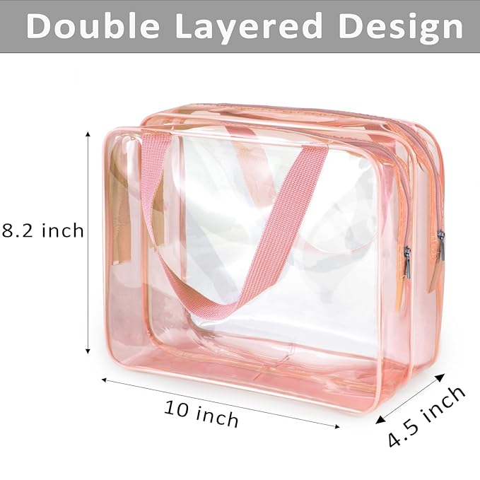 2Pcs Crystal Clear PVC Travel Toiletry Bag Kit for Women Men, Waterproof Vinyl Organizer Clear Makeup Bags with Zipper, Cosmetic Bag Pouch Carry on Airport Airline Compliant Bag Handbag (Double Layer)