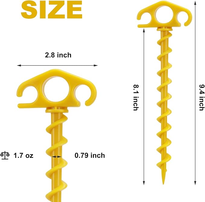 Tent Stakes Sand Stakes for Beach Tent 10 Pack Spiral Anchor Stakes 9.4 Inch Heavy Duty Screw Canopy Stakes for Camping, Hiking and More (10, Yellow)