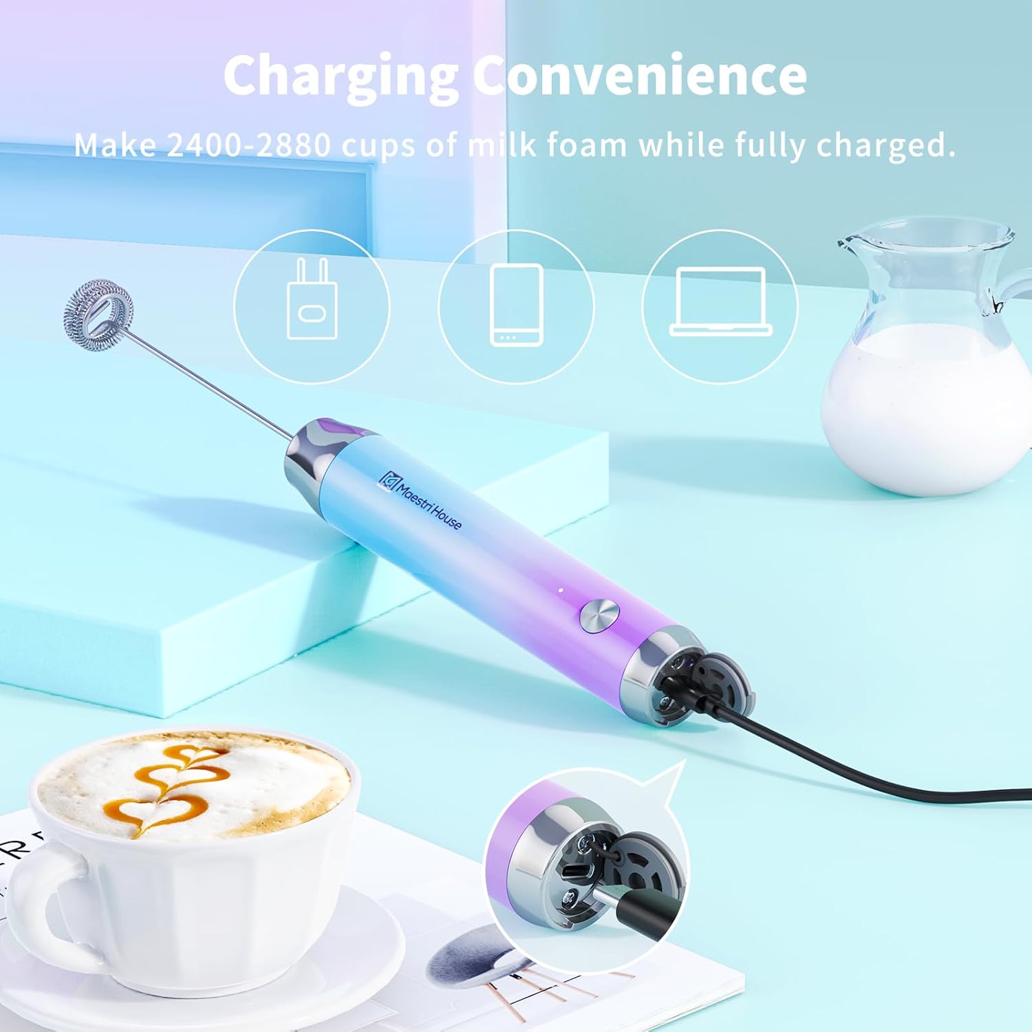 Maestri House Rechargeable Milk Frother with Stand, LunaFro Handheld Electric Foam Maker Waterproof Detachable Stainless Steel Whisk Drink Mixer Foamer for Lattes, Cappuccino