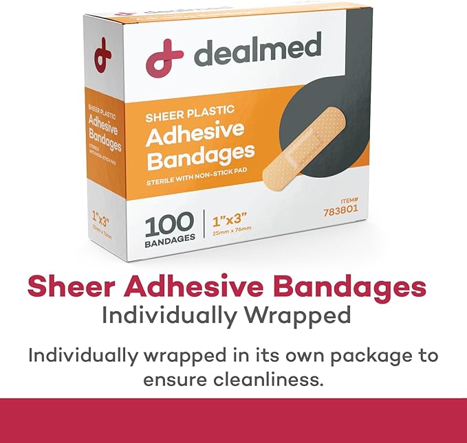 Dealmed Sheer Plastic Flexible Adhesive Bandages – 100 Count (2 Pack) Bandages with Non-Stick Pad, Latex Free, Wound Care for First Aid Kit, 1" x 3"