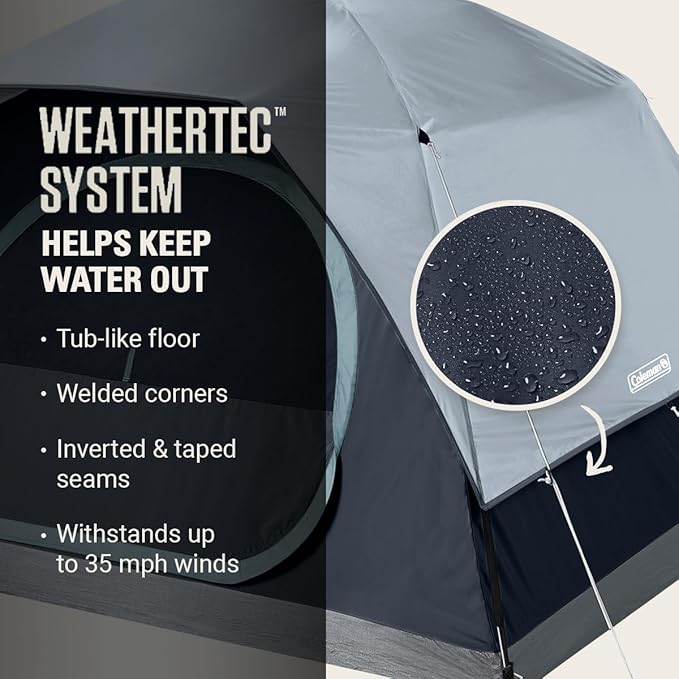 Coleman Skydome Tent with LED Lights Weatherproof 4-Person Tent with Overhead Lighting Sets Up in 5 Mins Made of PFAS-Free Materials