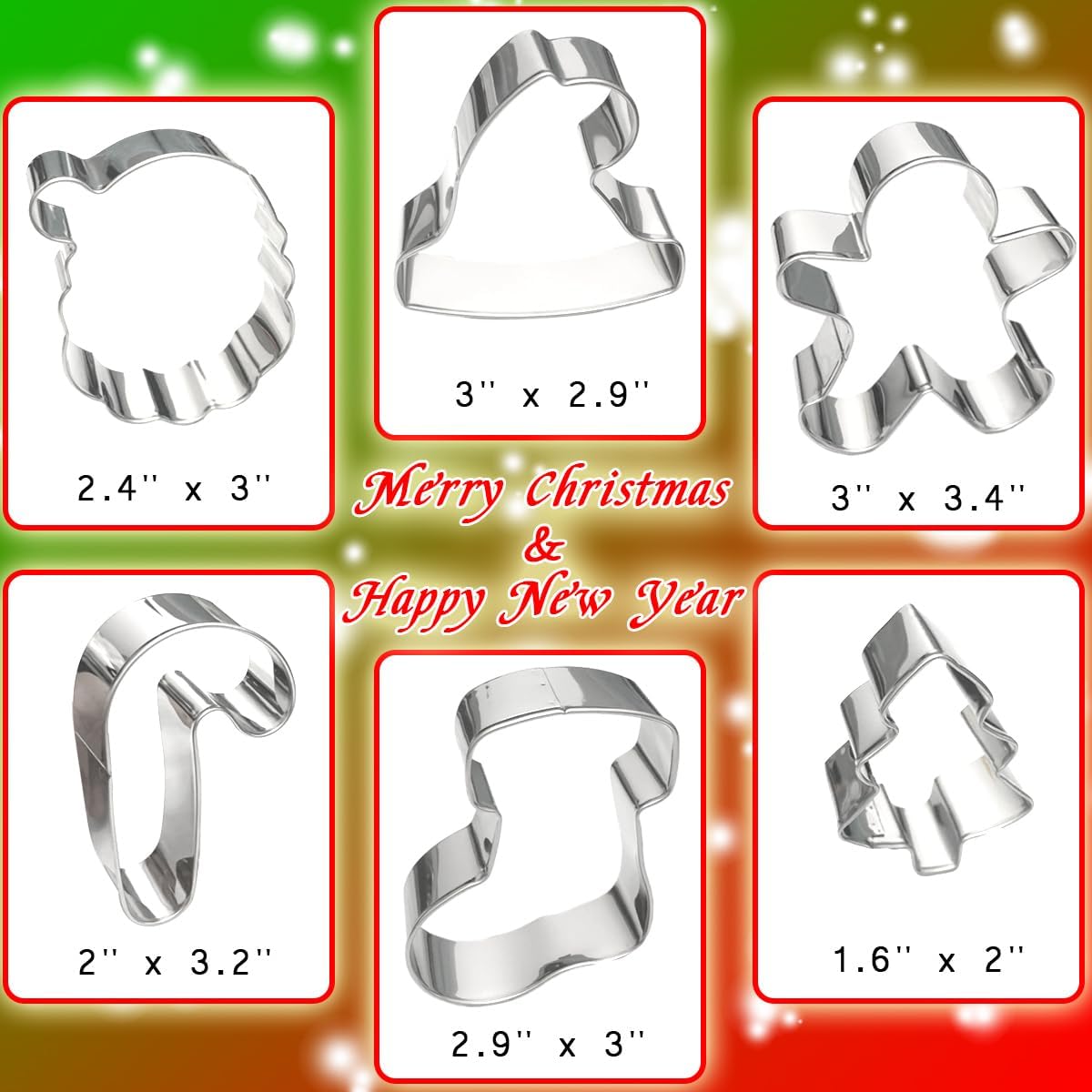 Christmas Cookie Cutters Large 6Pcs, Metal Christmas Hat Socks Candy Canes Santa Claus Ginger Man Mini Tree Shapes Cookie Cutters, 430 Stainless Steel Biscuit Fondant Doubt Cutter
