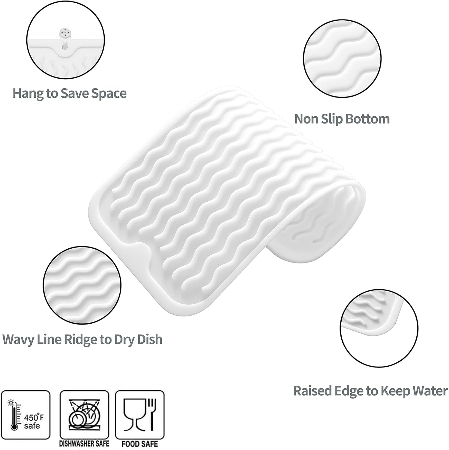 Silicone Dish Drying Mat for Multiple Usage,Easy clean,Eco-friendly,Heat-resistant Silicone Mat for Kitchen Counter or Sink,Refrigerator or Drawer Liner White S 12 inches x 6 inches