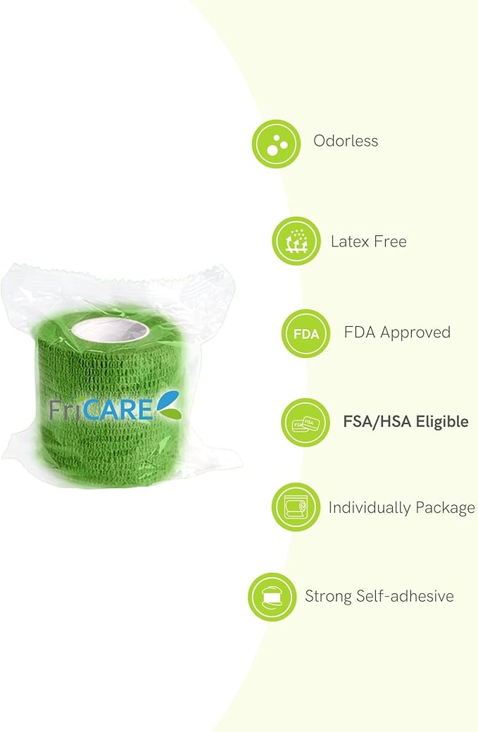 FriCARE Self Adhesive Bandage Wrap, Medical Tape in First Aid Kit, Cohesive Bandages for Wounds Sport Vet, FSA/HSA Eligible, 2 Inches X 5 Yards 6 Rolls, Emerald Green