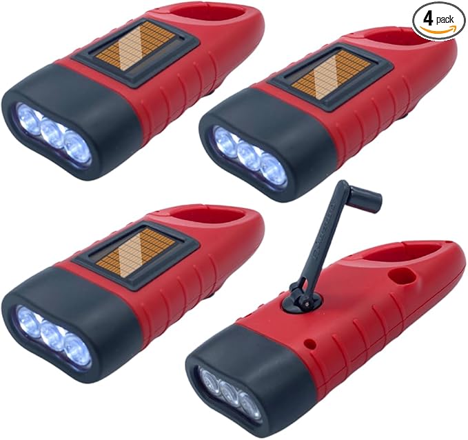 Evelots Hand Crank Solar Powered Flashlights ( 4 Pack ) Rechargeable Emergency Survival Flashlight for Camping , Car - Easy 3 LED Bright Light for Hiking , Outdoor Sports , Home Power Outage