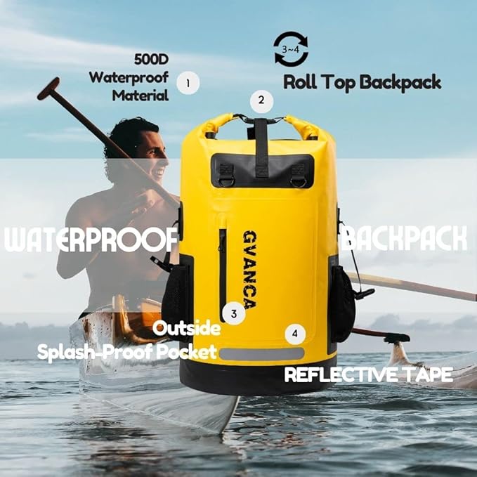 Waterproof Dry Bag Backpack for Kayaking, Roll Top Kayak Dry Backpack, Floating Outdoor Dry Sack Boating Sailing Canoeing Rafting Fishing Camping 85L Yellow