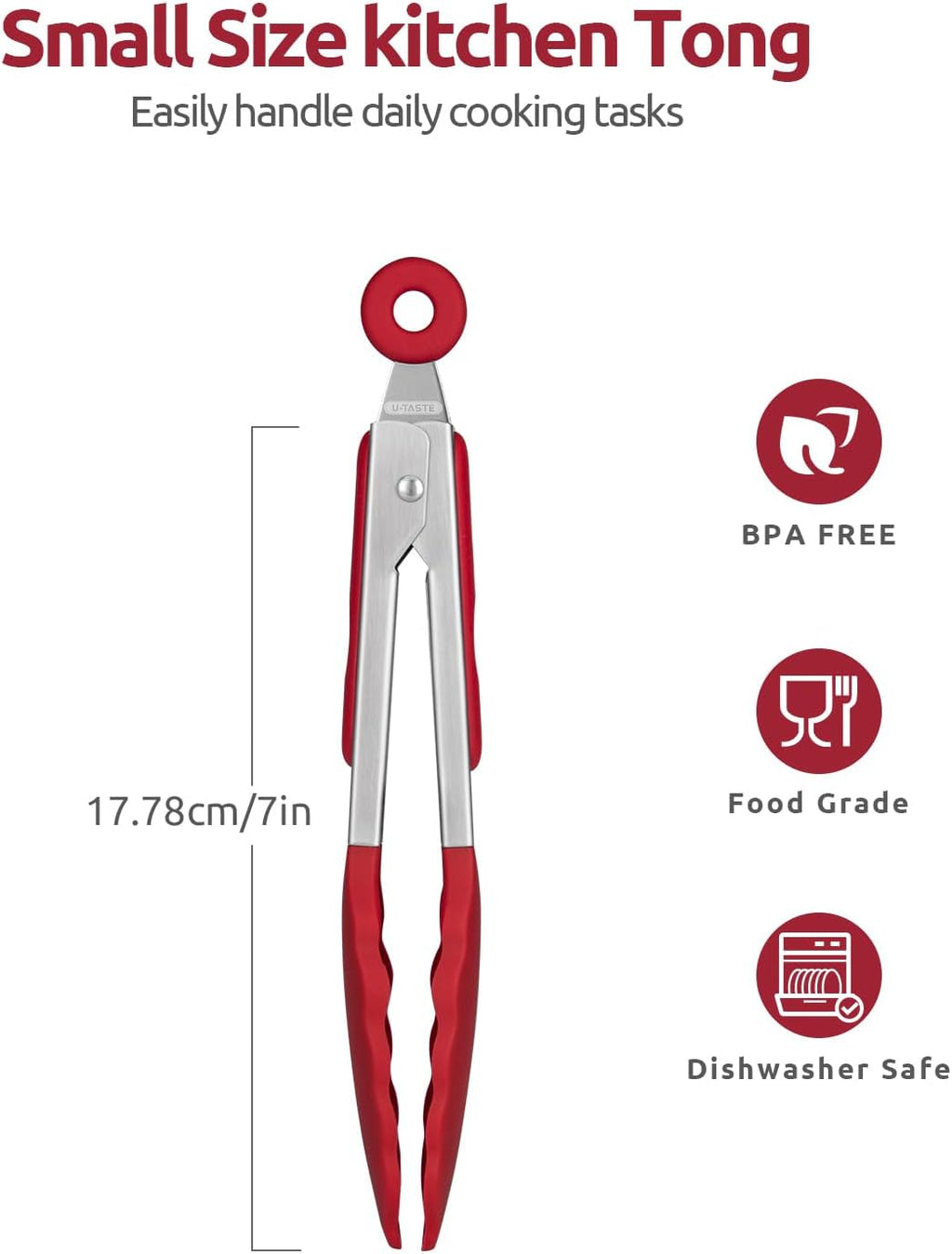 600ºF Heat Resistant Kitchen Tong: U-Taste 7 inch Silicone Cooking Tong with Firm Sealed Non Stick Rubber Tips & Silicon Coated 18/8 Stainless Steel Handle & Smooth Locking for Serving Salad (Red)