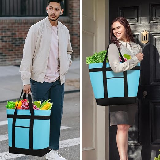 2Pk Insulated Reusable Tote Bag for Grocery Shopping for Women/Men, Pizza/Food Delivery Bag to Keep Food Cold/Hot for Uber Eats/Doordash/Grubub, Cooler bags for Travel/Beach/Picnic, Blue