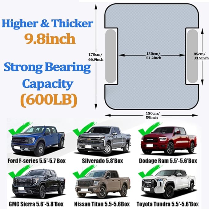 Camping Pickup Truck Bed Air Mattress Thicken Sleeping Pad for 5.5-5.8Ft Full-Size Short Truck Beds Outdoor Camping Car Travel(Navy Blue)