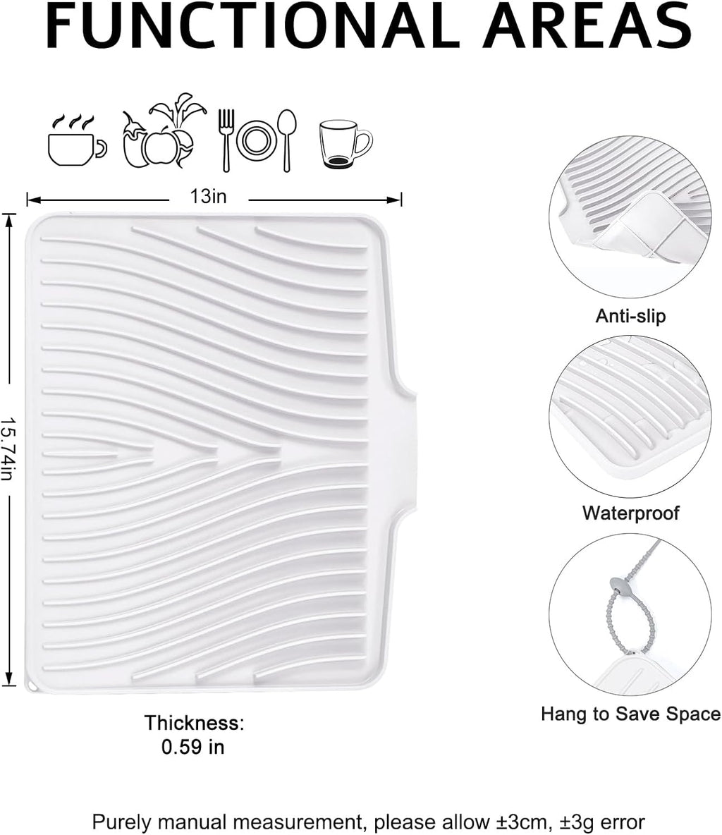 Dish Drying Mat, Stone Drying Mat for Kitchen Counter with Built-in Drain, Non-Slip Drying Matt Kitchen Counter, Heat Resistant Silicone Drying Mat,Dish Drying Pad,2 Pcs(15.8"X13",Ivory)