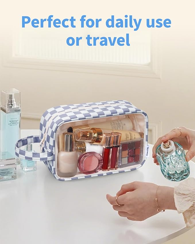 Narwey Checkered Clear Makeup Bag Cosmetic Bag with Zipper for Travel, Clear Toiletry Bags for Traveling Toiletries Wome Men, Make Up Pouch with Handle, Skincare Bag (Grayish Blue Checkerboard)