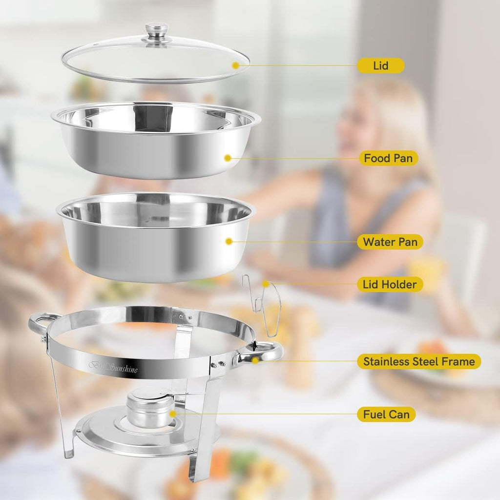 Chafing Dish Buffet Set 6 Packs, 5 QT Stainless Steel Round Chafing Dishes with Glass Lid & Lid Holder, Food Warmer For Parties Buffet Weddings Catering Events