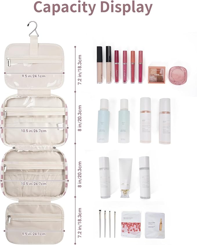 Narwey Hanging Toiletry Bag for Women Travel Makeup Bag Organizer Toiletries Bag for Travel Size Essentials Accessories Cosmetics (Dusty Rose Checkerboard (Medium))