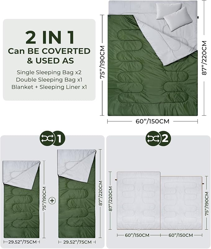 Ohuhu Double Sleeping Bag for Adults with 2 Pillows, Queen Size Two Person Sleeping Bag for Camping Hiking Backpacking 2 Person Sleeping Bags for Cold Weather & Warm