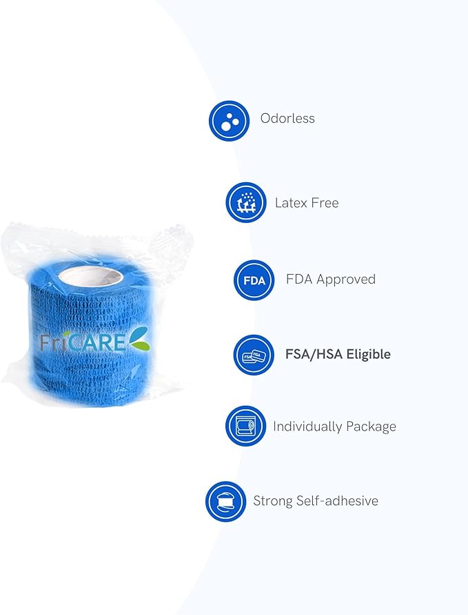 FriCARE Self Adhesive Bandage Wrap, Medical Tape in First Aid Kit, Cohesive Bandages for Wounds Sport Vet, FSA/HSA Eligible, 2 Inches X 5 Yards 12 Rolls, Energetic