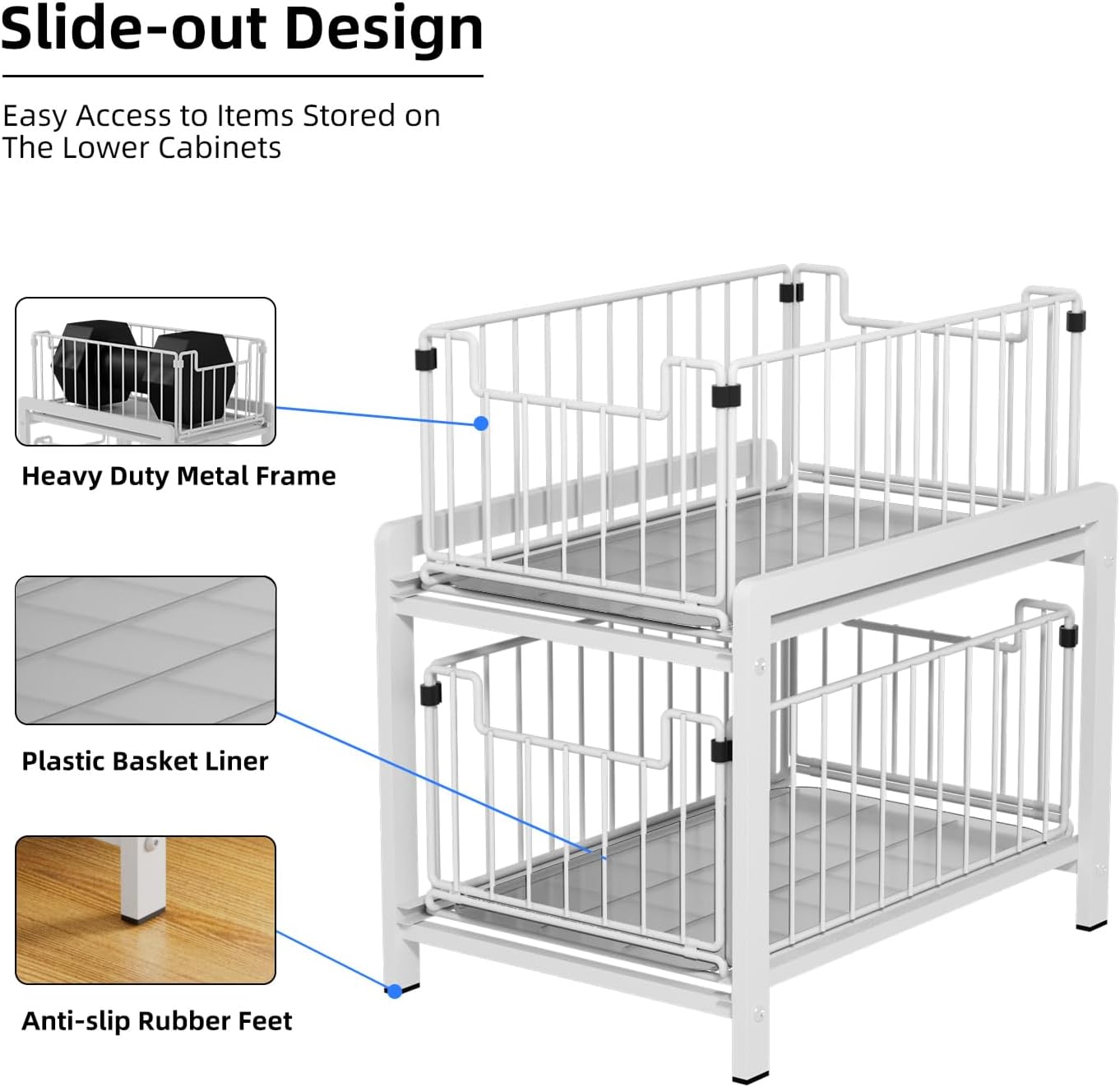 2 Tier Sliding Basket Drawer Organizer, Pull Out Under Sink Cabinets Organizers, Metal Home Shelf for Bathroom or Kitchen, Sliding Countertop or Pantry Storage Shelf, Large White