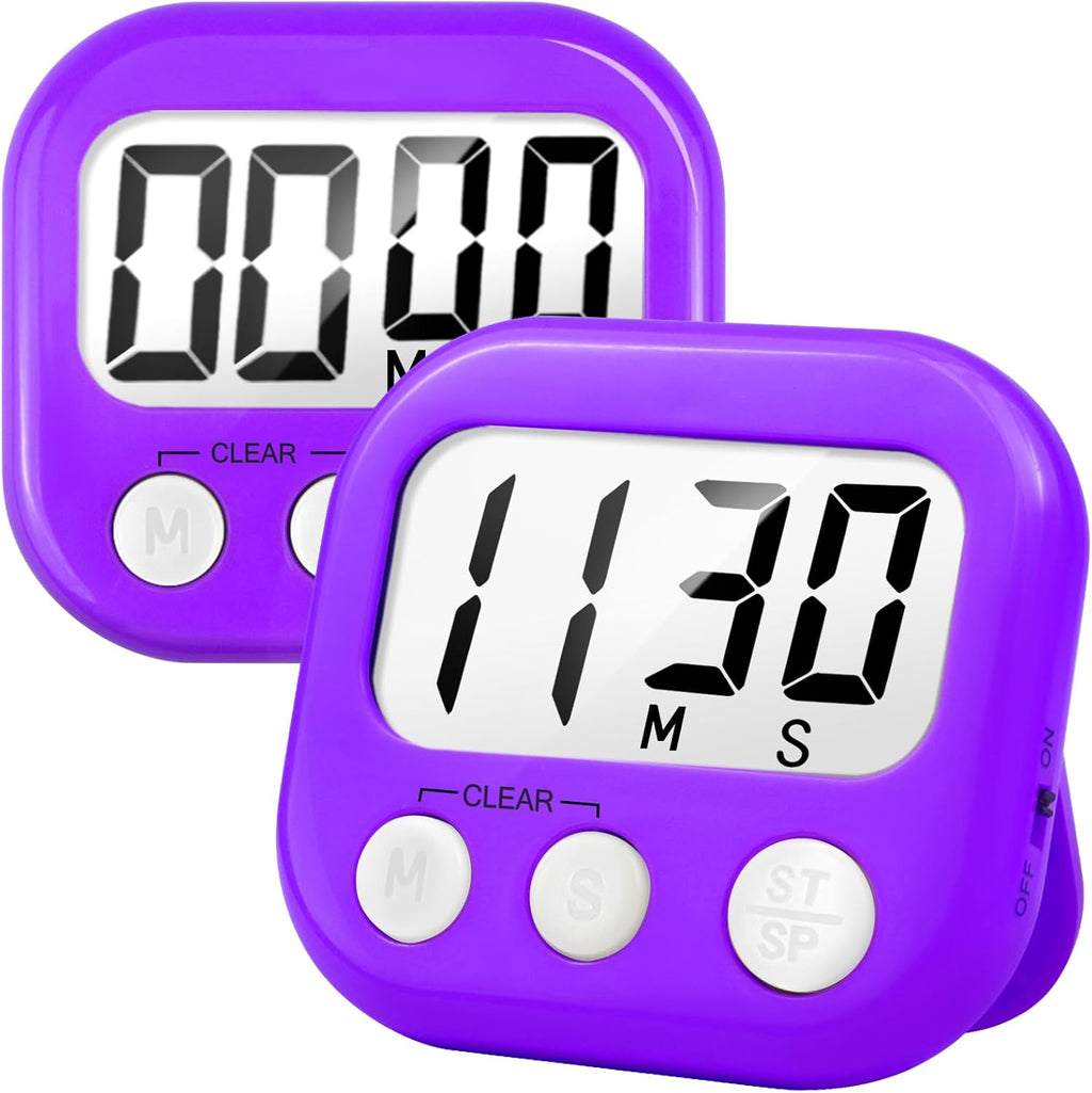 2 Pack Digital Kitchen Timer for Cooking Big Digits Loud Alarm Magnetic Backing Stand Cooking Timers for Baking Purple