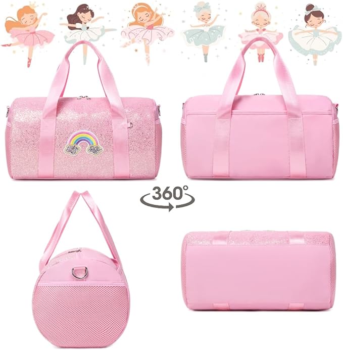 Dance Bag for Girls Ballet Bag Shiny Rainbow Glitter Sports Duffle Bag for Kids Girls Ballerina Duffle with Waterproof Dry Wet Separated Compartment