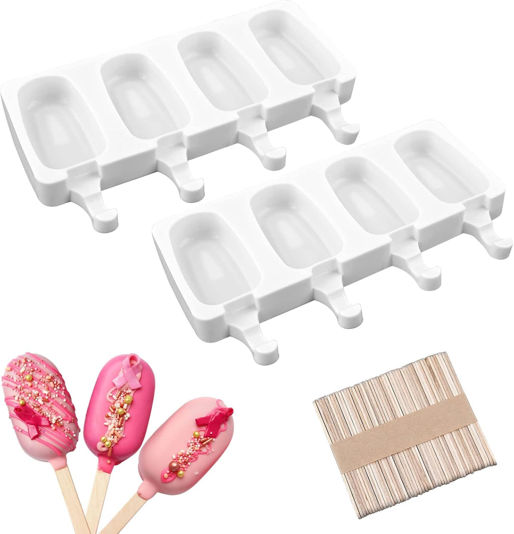 Sakolla 2 Pack Silicone Popsicle Molds, 4 Cavities Oval Mini Ice Pop Molds with 50 Wooden Sticks for Homemade Cake Pop, Cakesicles, Ice Cream (White)
