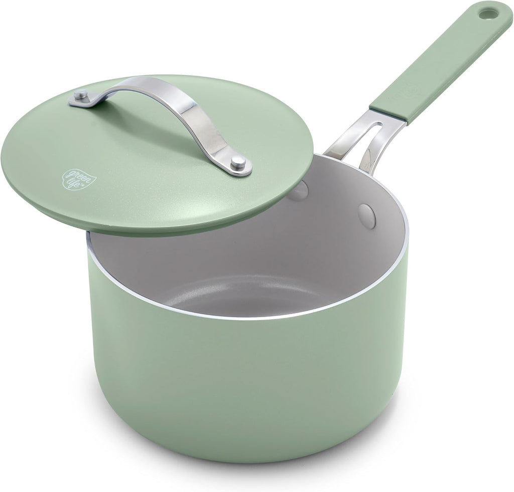 GreenLife 2 Quart Nonstick Saucepan with Lid, Lightweight Healthy PFAS-Free Milk Pan, Dishwasher & Oven Safe Soup Pan, Durable Body, Silicone Stay-Cool Handle, Easy Release Chef’s Pan, Sage Green