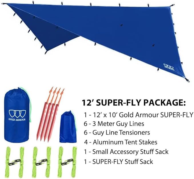 Gold Armour Rainfly Tarp Hammock, Premium 14.7ft/12ft/10ft/8ft Rain Fly Cover, Waterproof Ultralight Camping Shelter Canopy, Survival Equipment Gear Camping Tent Accessories (Blue 12ft x 10ft)