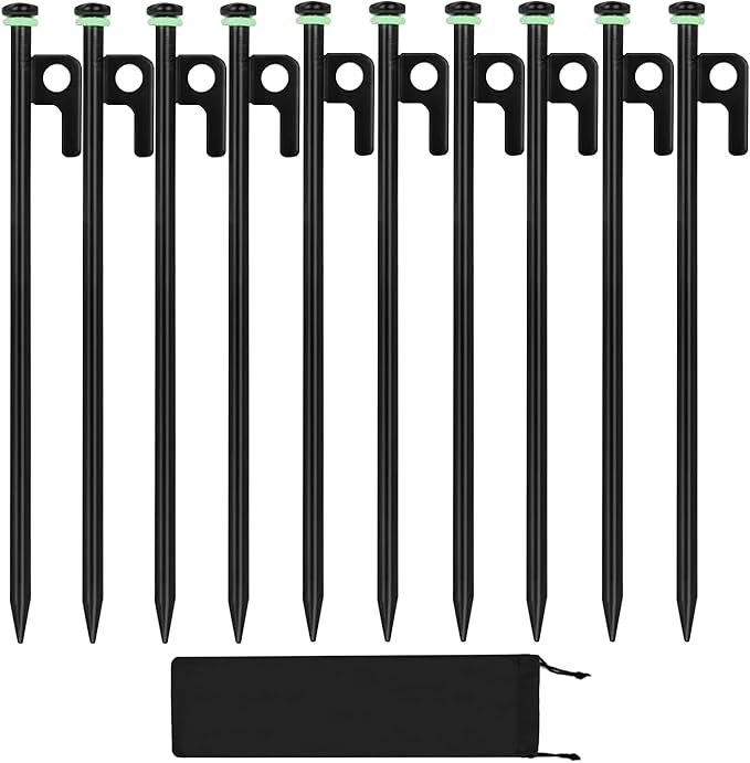 10Pcs Tent Stakes, 12in Heavy Duty Tent Stakes with Storage Pouch, Forged Steel Tent Sakes Metal, Metal Stakes for Tent Used on Grassland, Snowfield, Dessert(10Pcs, 12in, Diameter 3/8")